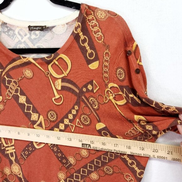 J. McLaughlin Long Sleeve Shirt Medium Ribbed Stretch Orange Gold Print - Picture 8 of 12